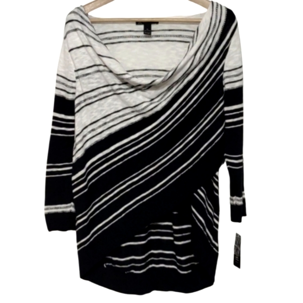 Women’s Black & White Striped Cowl Neck Sweater
